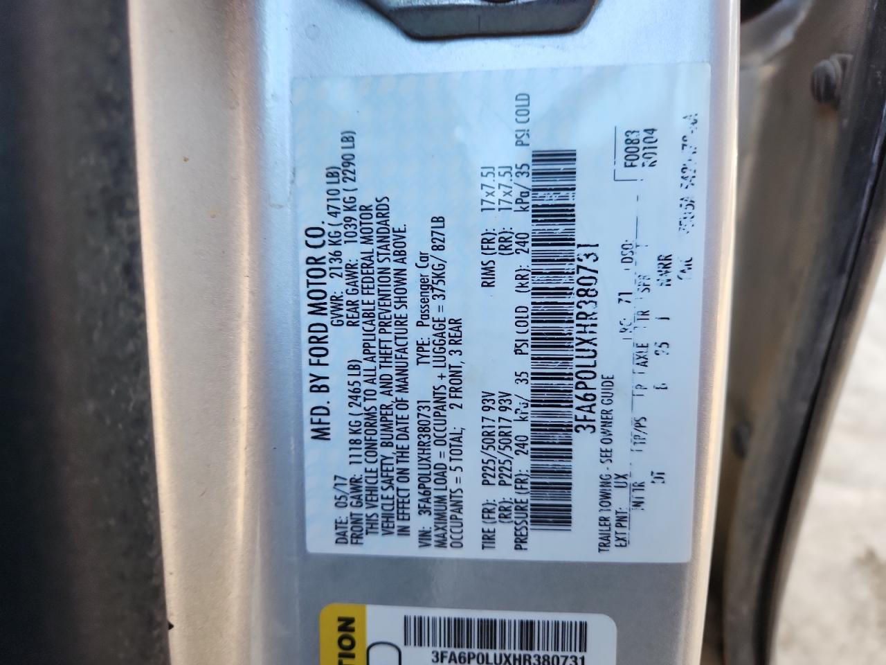 2017 Ford Fusion Se Hybrid VIN: 3FA6P0LUXHR380731 Lot: 90666015