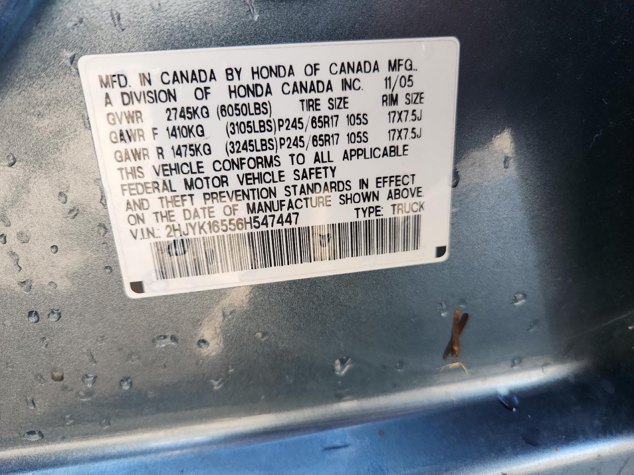 2006 Honda Ridgeline Rtl VIN: 2HJYK16556H547447 Lot: 86261435