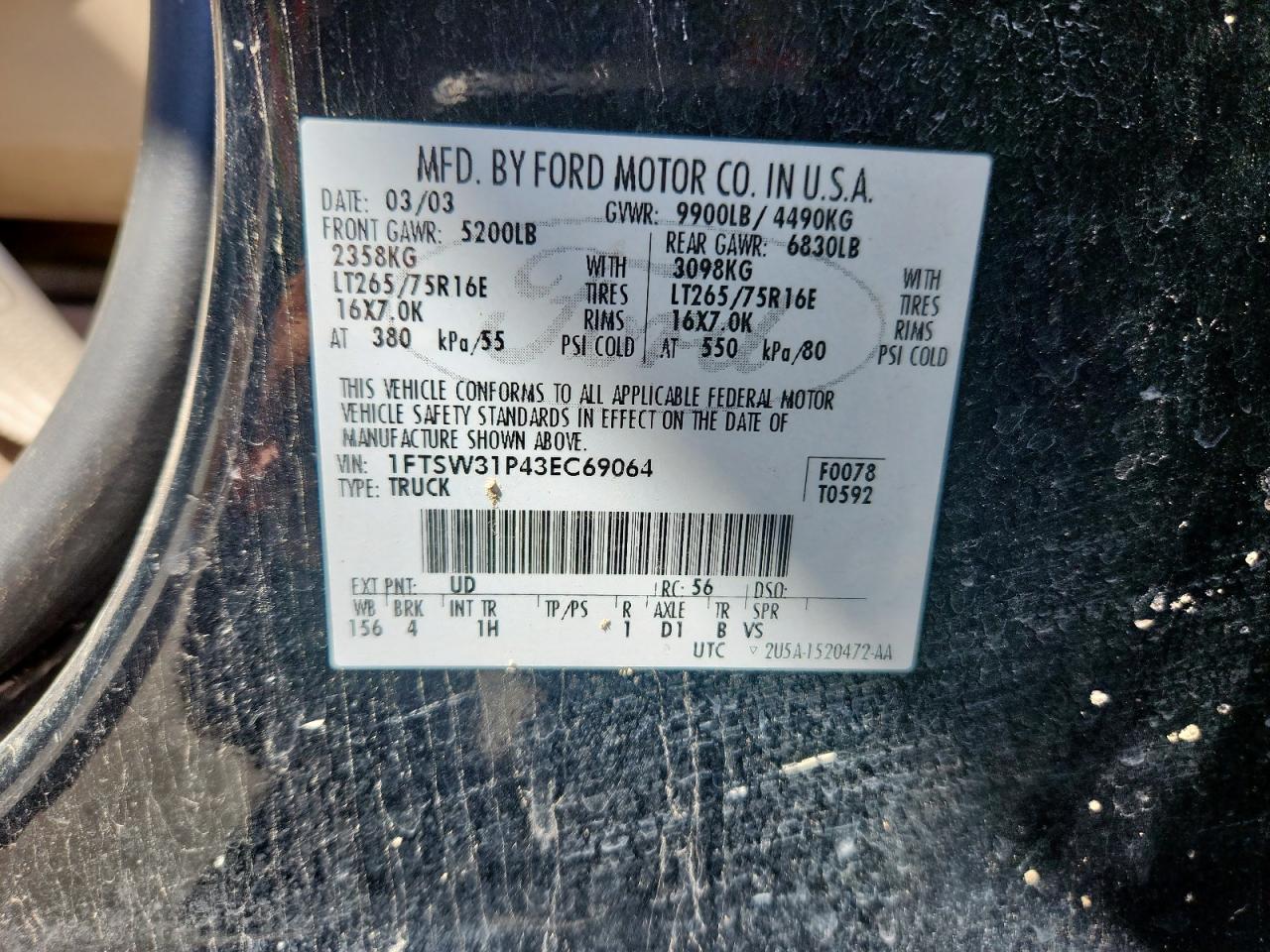 2003 Ford F350 Srw Super Duty VIN: 1FTSW31P43EC69064 Lot: 84294195