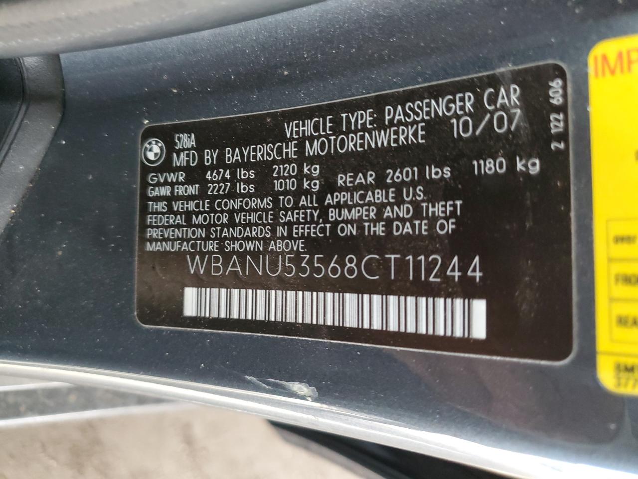 2008 BMW 528 I VIN: WBANU53568CT11244 Lot: 86178885