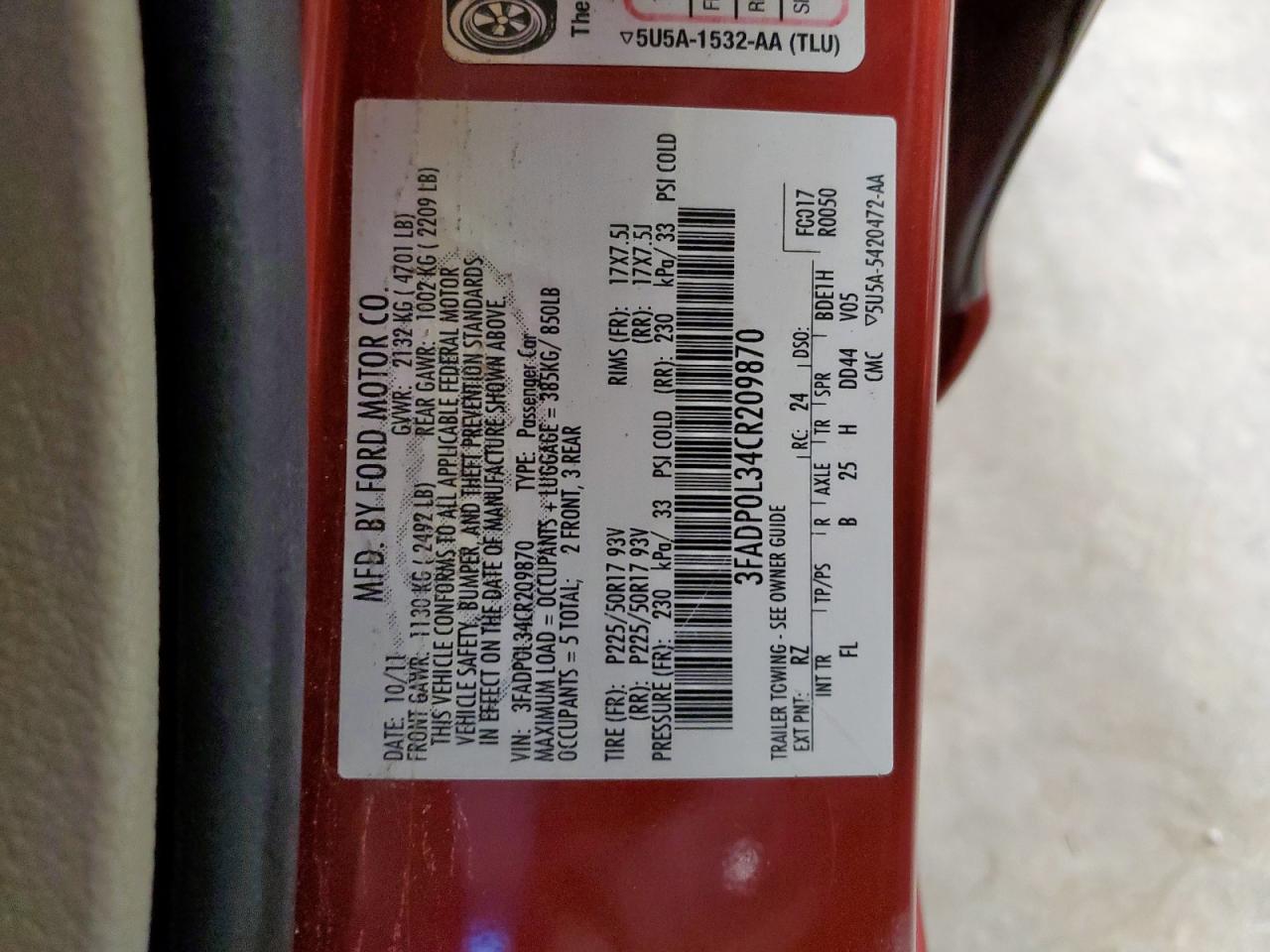 2012 Ford Fusion Hybrid VIN: 3FADP0L34CR209870 Lot: 86525035