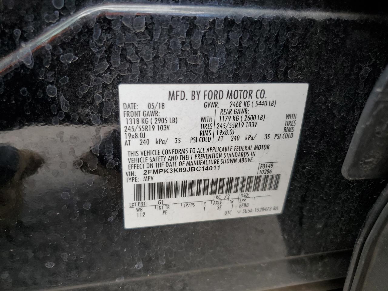 2018 Ford Edge Titanium VIN: 2FMPK3K89JBC14011 Lot: 85951125