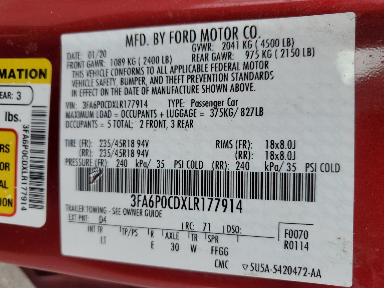 2020 Ford Fusion Sel VIN: 3FA6P0CDXLR177914 Lot: 87476075