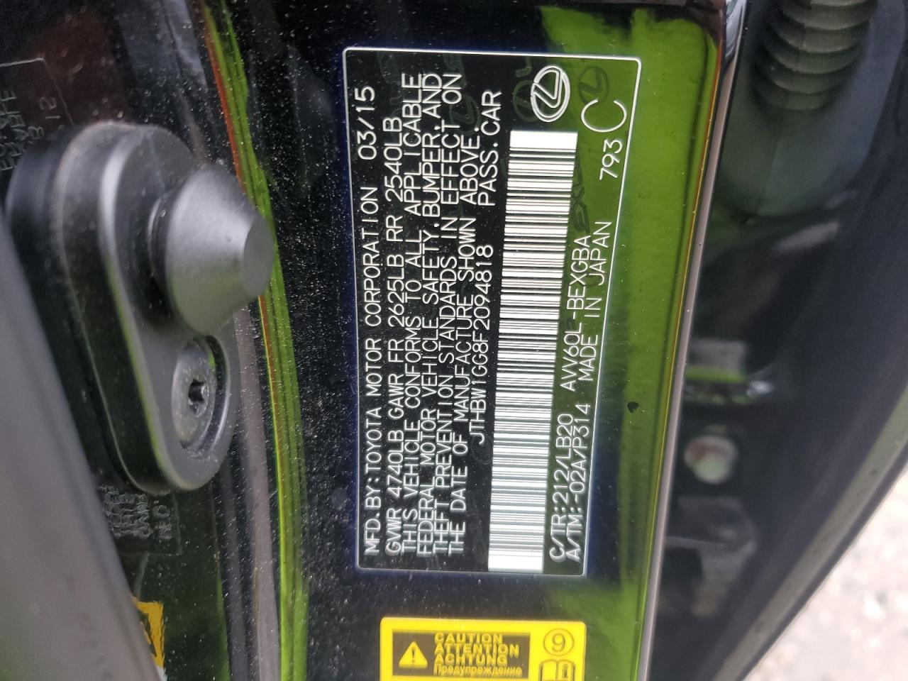 2015 Lexus Es 300H VIN: JTHBW1GG8F2094818 Lot: 82331005