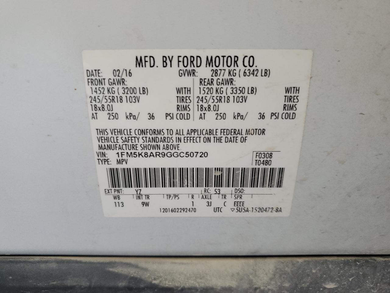 2016 Ford Explorer Police Interceptor VIN: 1FM5K8AR9GGC50720 Lot: 84939445