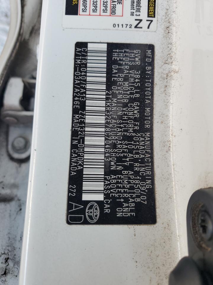 2008 Toyota Corolla Matrix Xr VIN: 2T1KR32E78C704643 Lot: 84252005