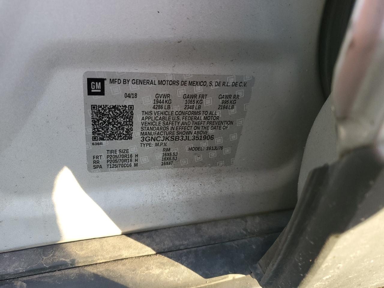 2018 Chevrolet Trax Ls VIN: 3GNCJKSB3JL351906 Lot: 84379735