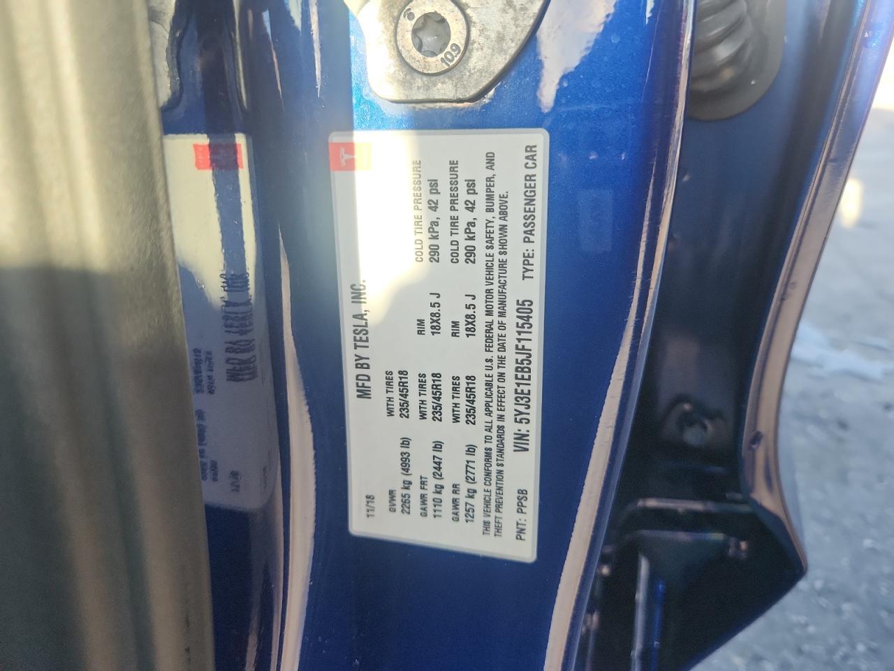 2018 Tesla Model 3 VIN: 5YJ3E1EB5JF115405 Lot: 85671295