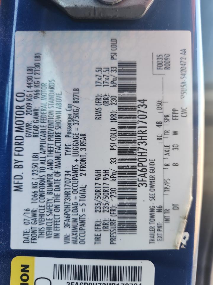 2017 Ford Fusion Se VIN: 3FA6P0H73HR170734 Lot: 81483715