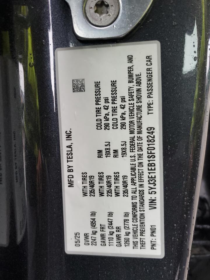 2025 Tesla Model 3 VIN: 5YJ3E1EB1SF018249 Lot: 89833685
