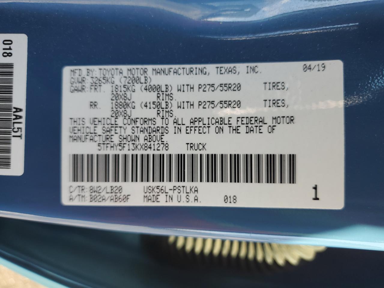 2019 Toyota Tundra Crewmax Limited VIN: 5TFHY5F13KX841278 Lot: 89710865