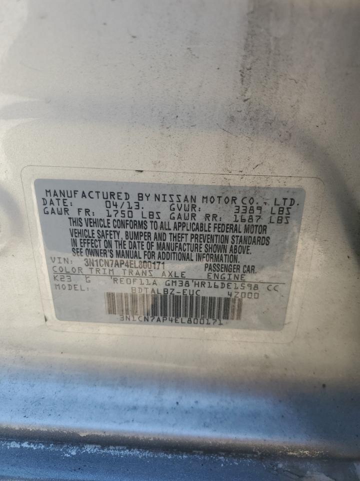 2014 Nissan Versa S VIN: 3N1CN7AP4EL800171 Lot: 84807765