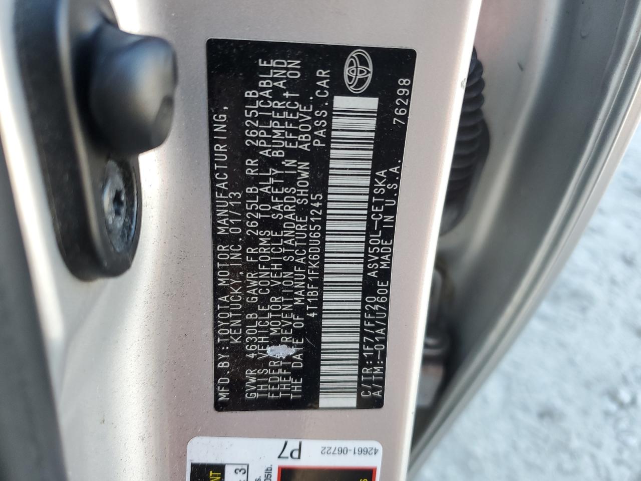 2013 Toyota Camry L VIN: 4T1BF1FK6DU651245 Lot: 82544285