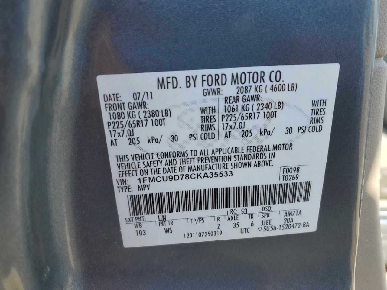 2012 Ford Escape Xlt VIN: 1FMCU9D78CKA35533 Lot: 81323185