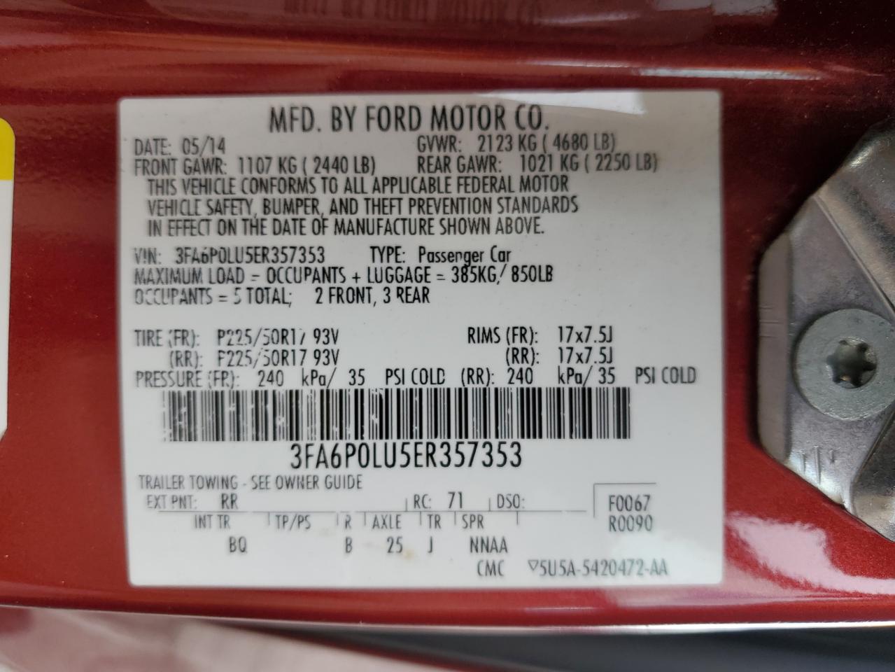 2014 Ford Fusion Se Hybrid VIN: 3FA6P0LU5ER357353 Lot: 82464605