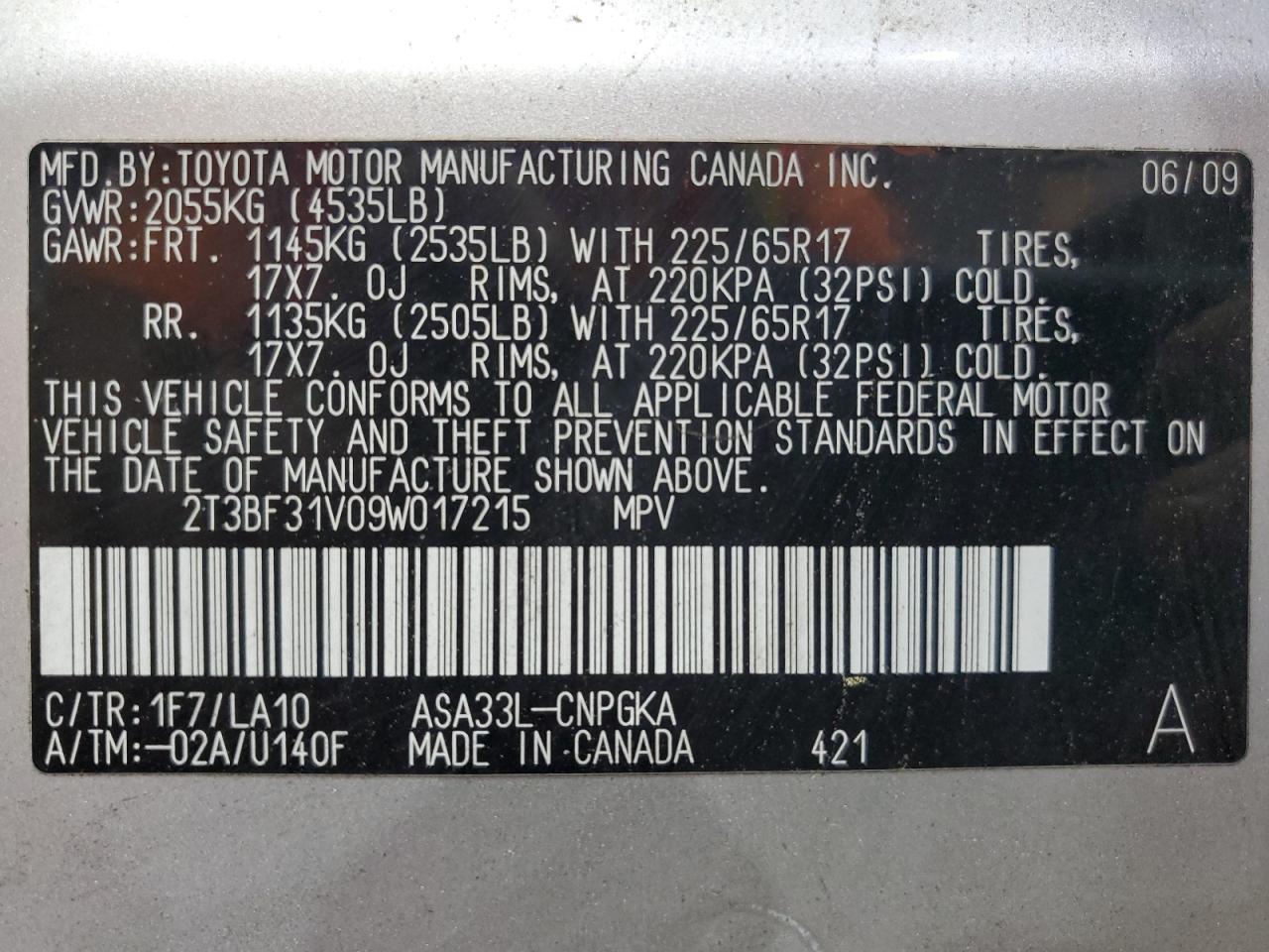 2009 Toyota Rav4 Limited VIN: 2T3BF31V09W017215 Lot: 85673935