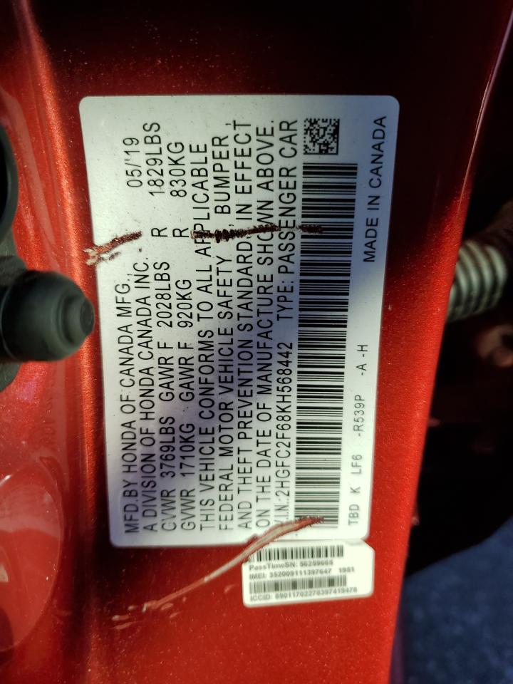 2019 Honda Civic Lx VIN: 2HGFC2F68KH568442 Lot: 85914565