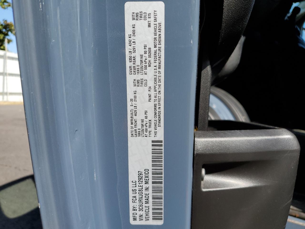 2020 Ram Promaster 3500 3500 High VIN: 3C6URVJG8LE129297 Lot: 84786485