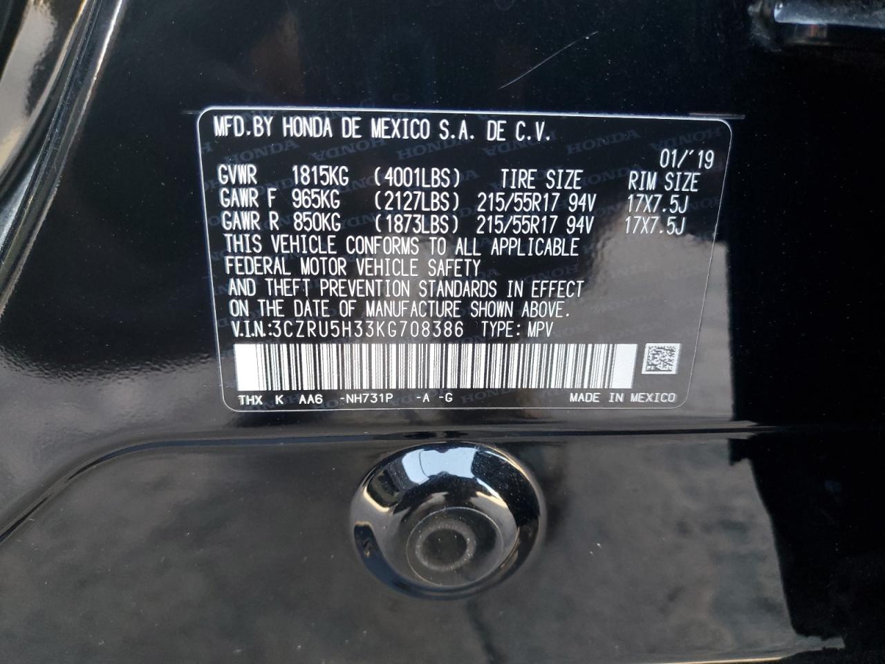 2019 Honda Hr-V Lx VIN: 3CZRU5H33KG708386 Lot: 85298025