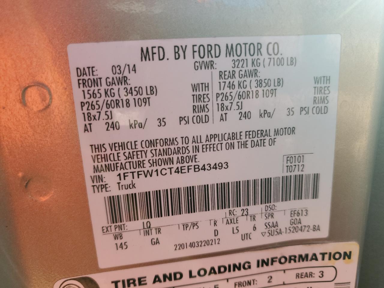 2014 Ford F150 Supercrew VIN: 1FTFW1CT4EFB43493 Lot: 86260545