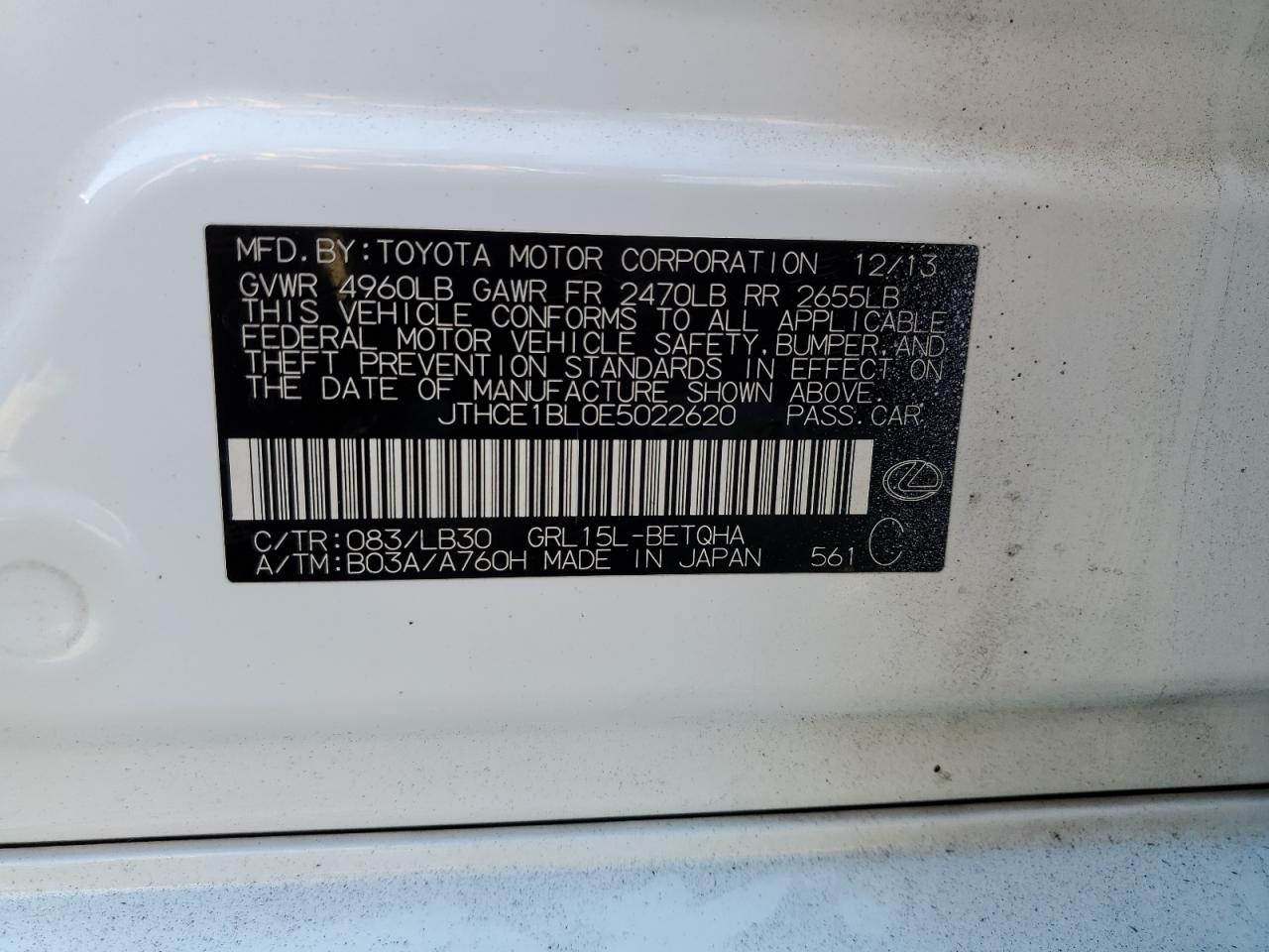 2014 Lexus Gs 350 VIN: JTHCE1BL0E5022620 Lot: 89514765