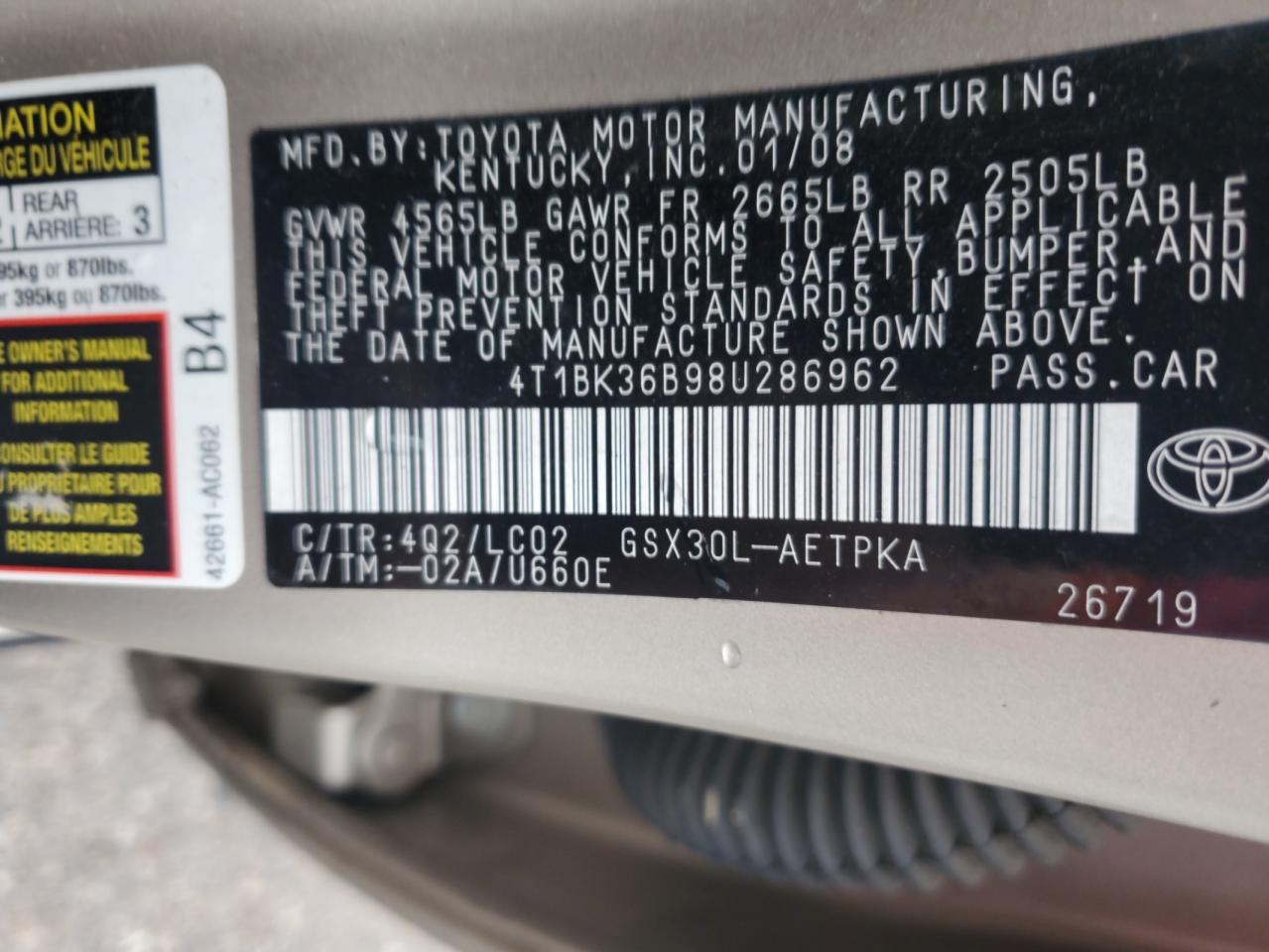 2008 Toyota Avalon Xl VIN: 4T1BK36B98U286962 Lot: 89812425