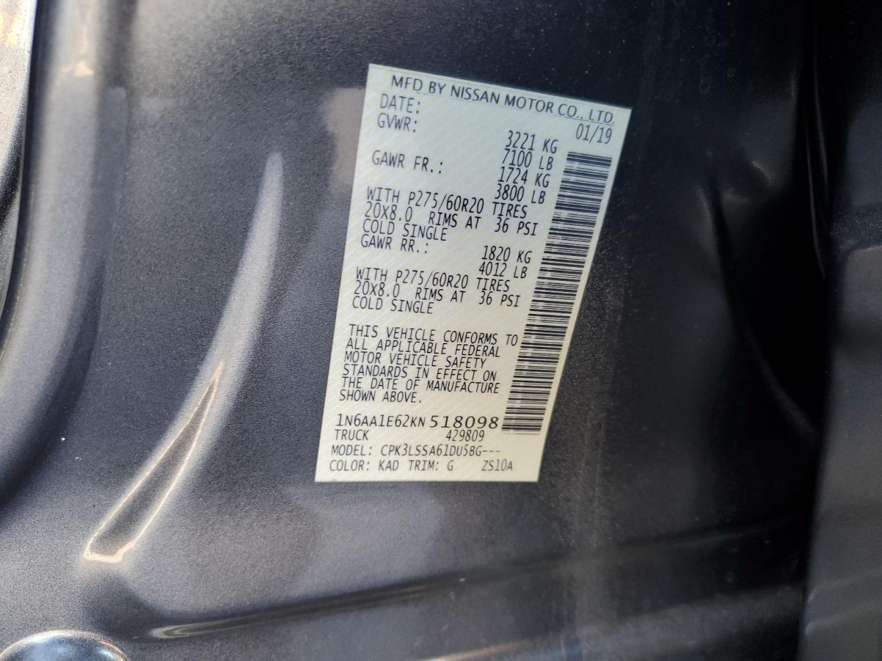 2019 Nissan Titan Platinum Reserve VIN: 1N6AA1E62KN518098 Lot: 86268275