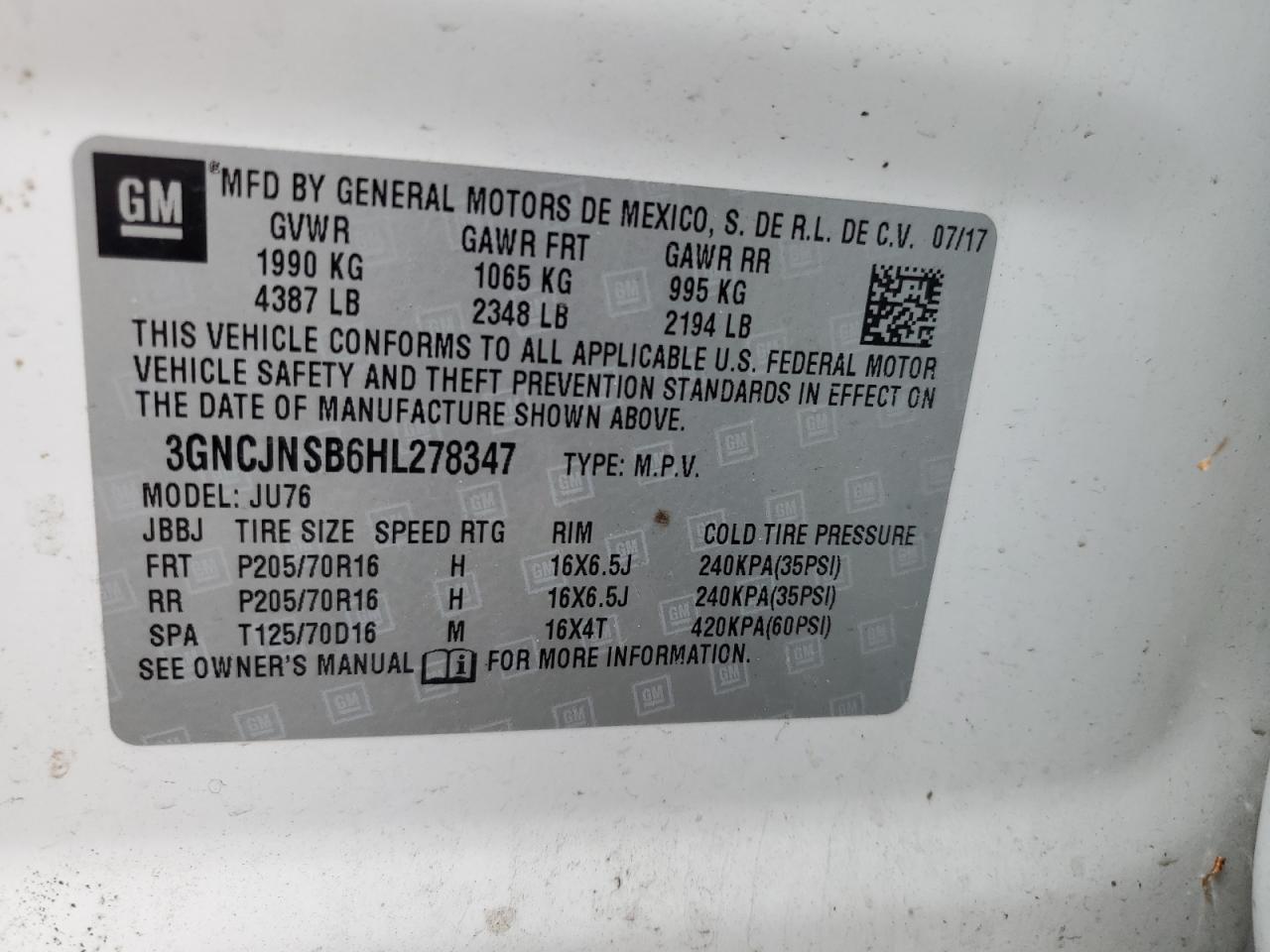2017 Chevrolet Trax Ls VIN: 3GNCJNSB6HL278347 Lot: 84708705