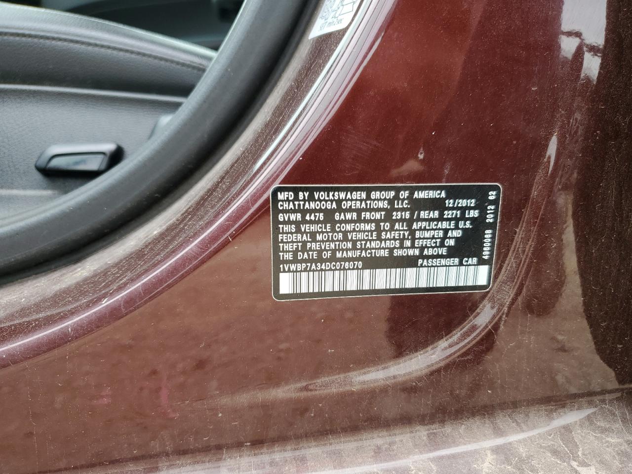 2013 Volkswagen Passat Se VIN: 1VWBP7A34DC076070 Lot: 85553965