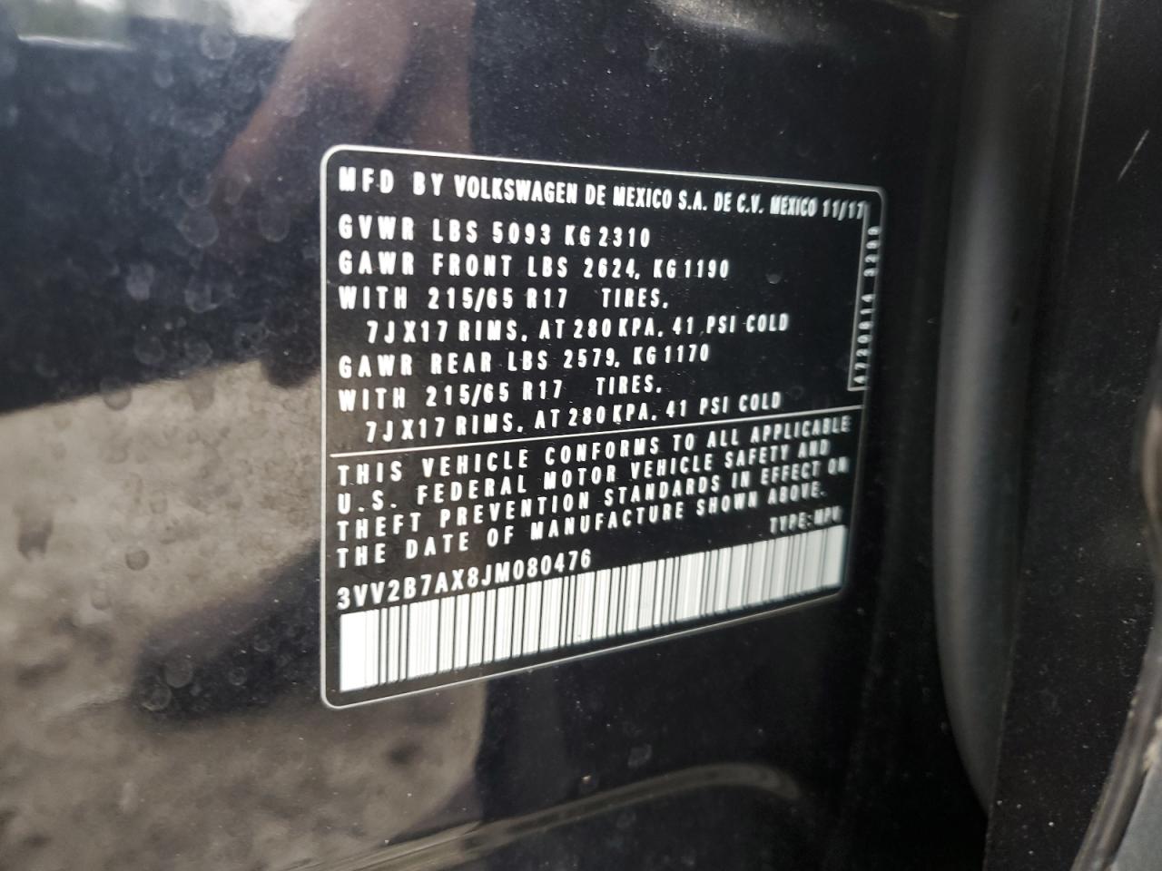 2018 Volkswagen Tiguan Se VIN: 3VV2B7AX8JM080476 Lot: 82227535