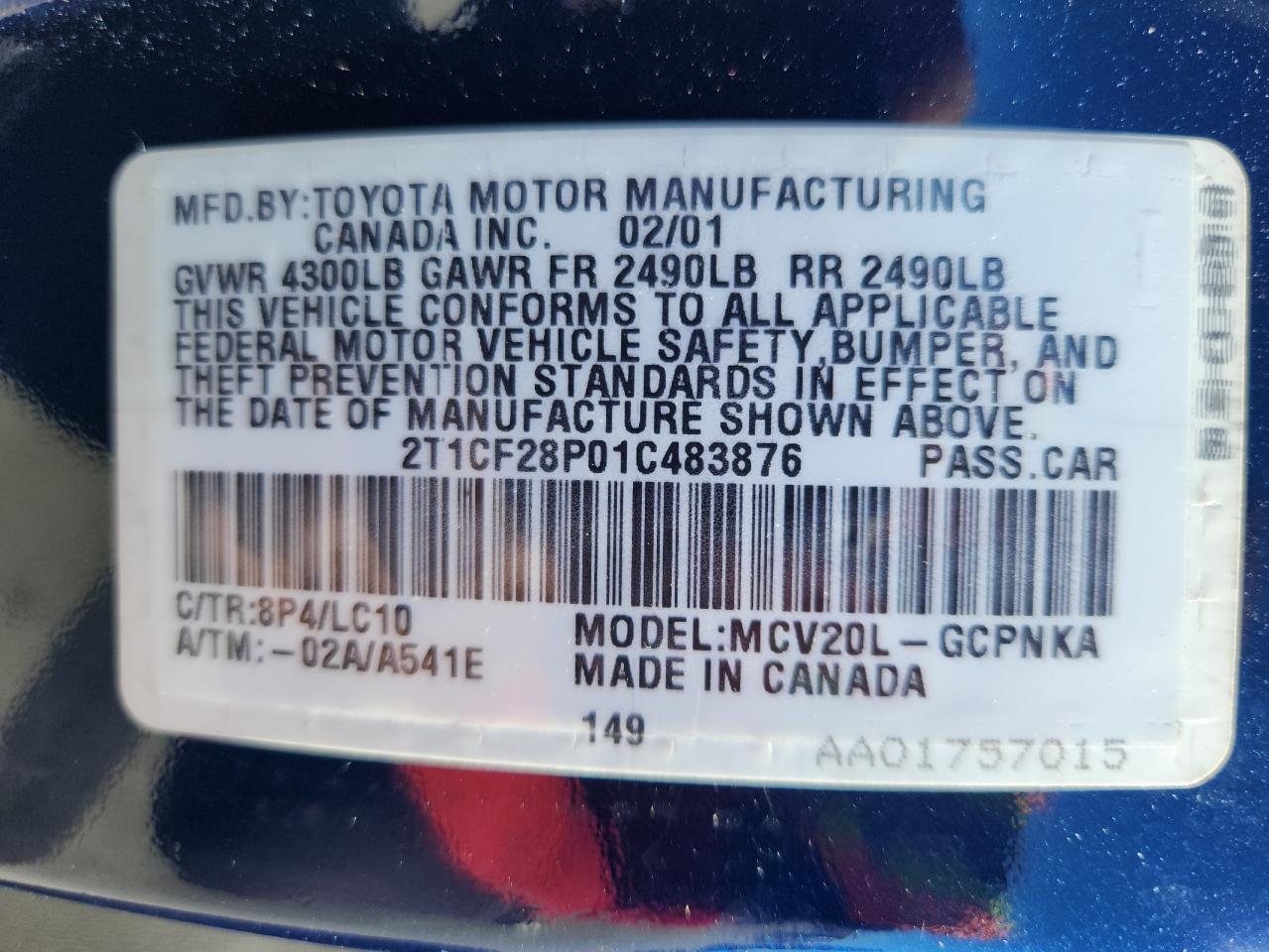 2001 Toyota Camry Solara Se VIN: 2T1CF28P01C483876 Lot: 89533145