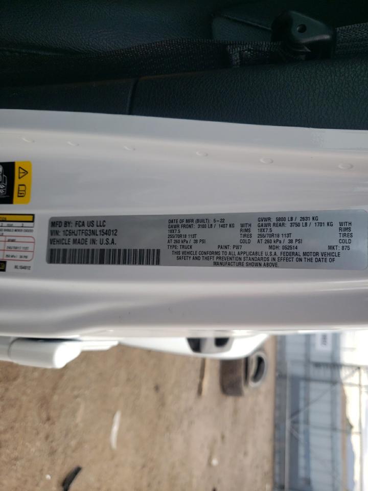 2022 Jeep Gladiator Overland VIN: 1C6HJTFG3NL154012 Lot: 89900085