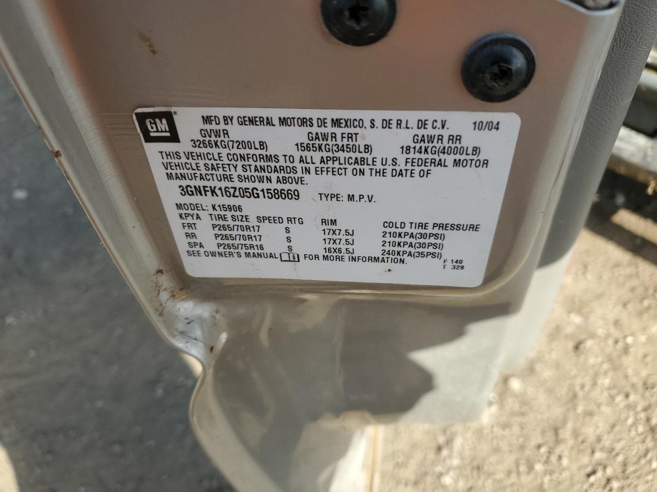 2005 Chevrolet Suburban K1500 VIN: 3GNFK16Z05G158669 Lot: 85715105