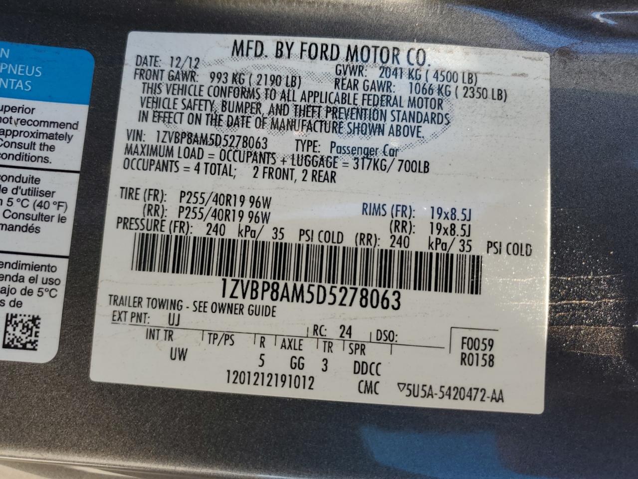 2013 Ford Mustang VIN: 1ZVBP8AM5D5278063 Lot: 86868635