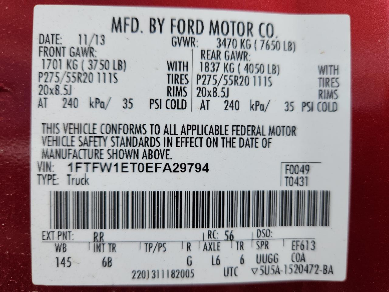 2014 Ford F150 Supercrew VIN: 1FTFW1ET0EFA29794 Lot: 86180675