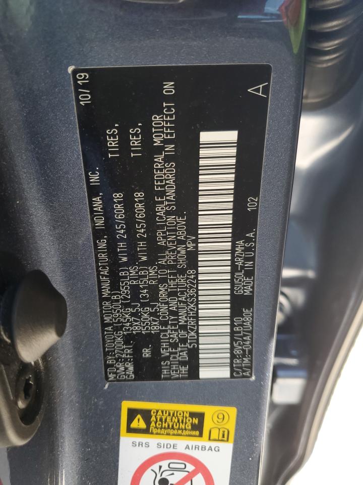 2019 Toyota Highlander Se VIN: 5TDKZRFH2KS362248 Lot: 82238385