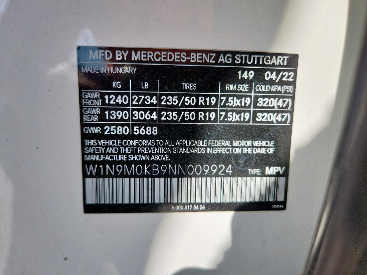 2022 Mercedes-Benz Eqb 300 4Matic VIN: W1N9M0KB9NN009924 Lot: 82268015