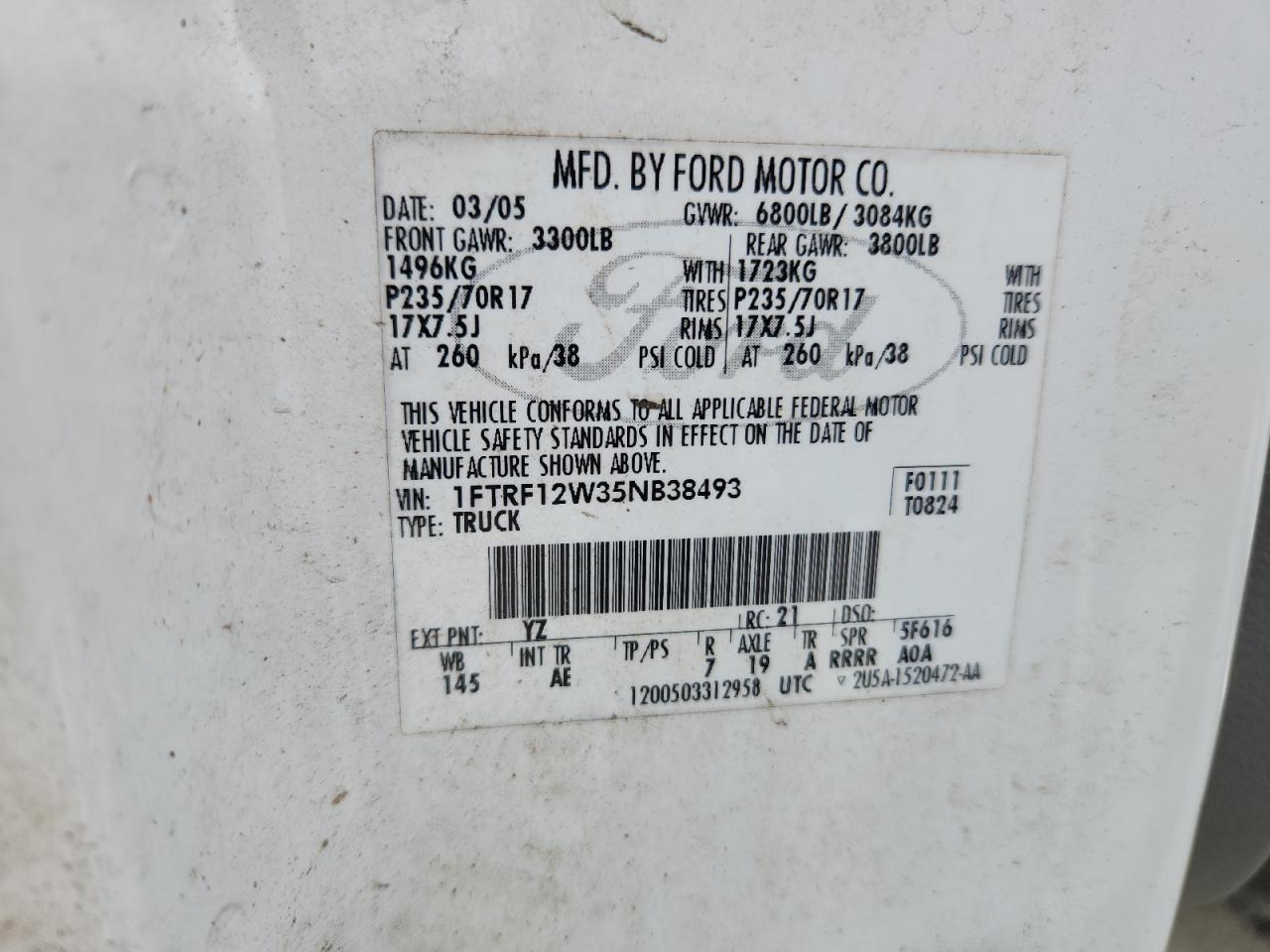 2005 Ford F150 VIN: 1FTRF12W35NB38493 Lot: 84461005