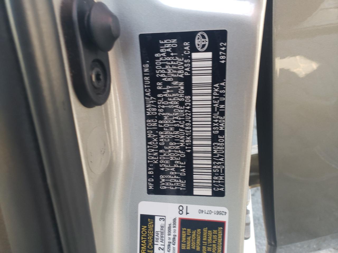 2018 Toyota Avalon Xle VIN: 4T1BK1EB9JU274306 Lot: 85316225