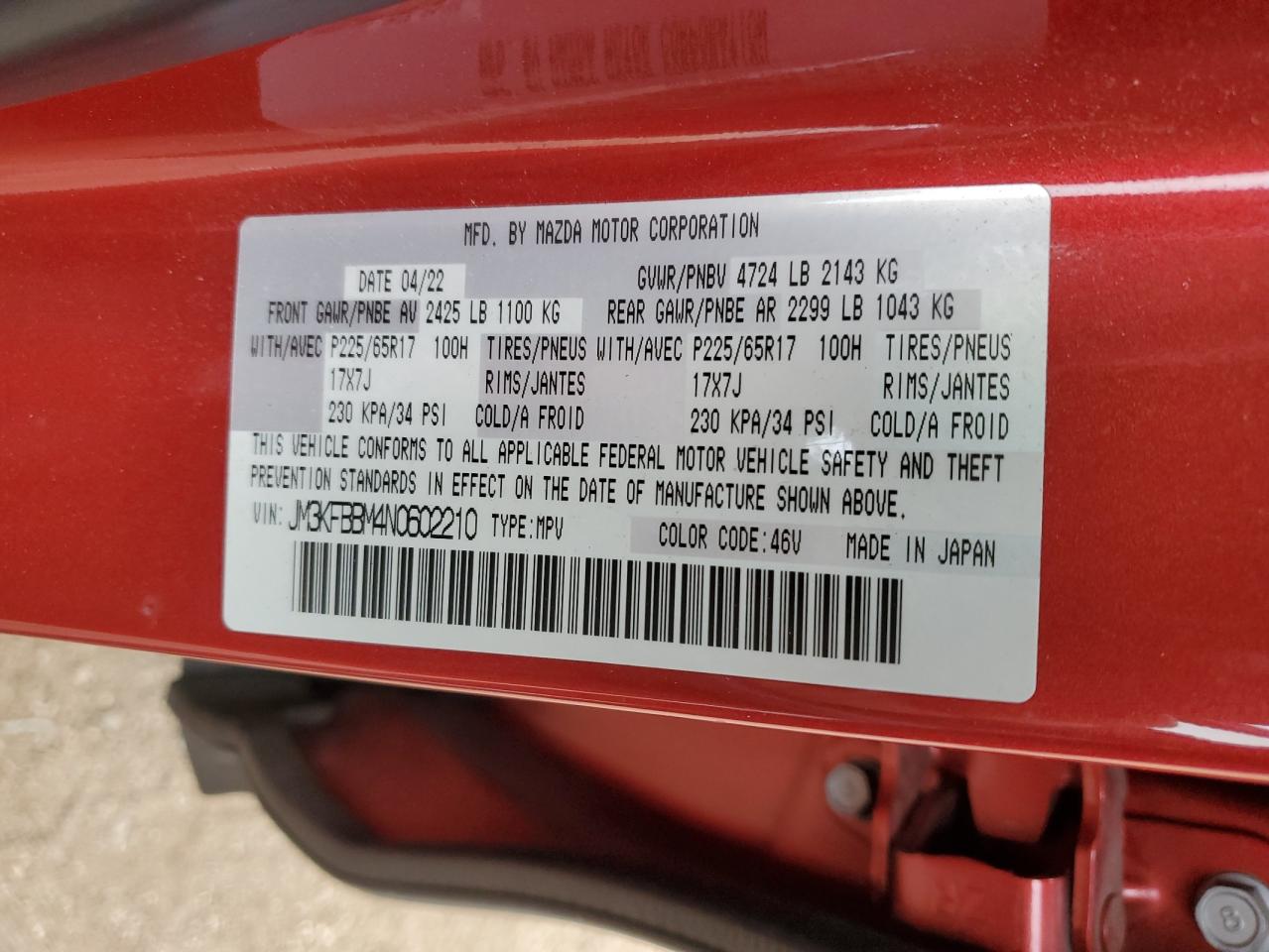 2022 Mazda Cx-5 Select VIN: JM3KFBBM4N0602210 Lot: 86266235