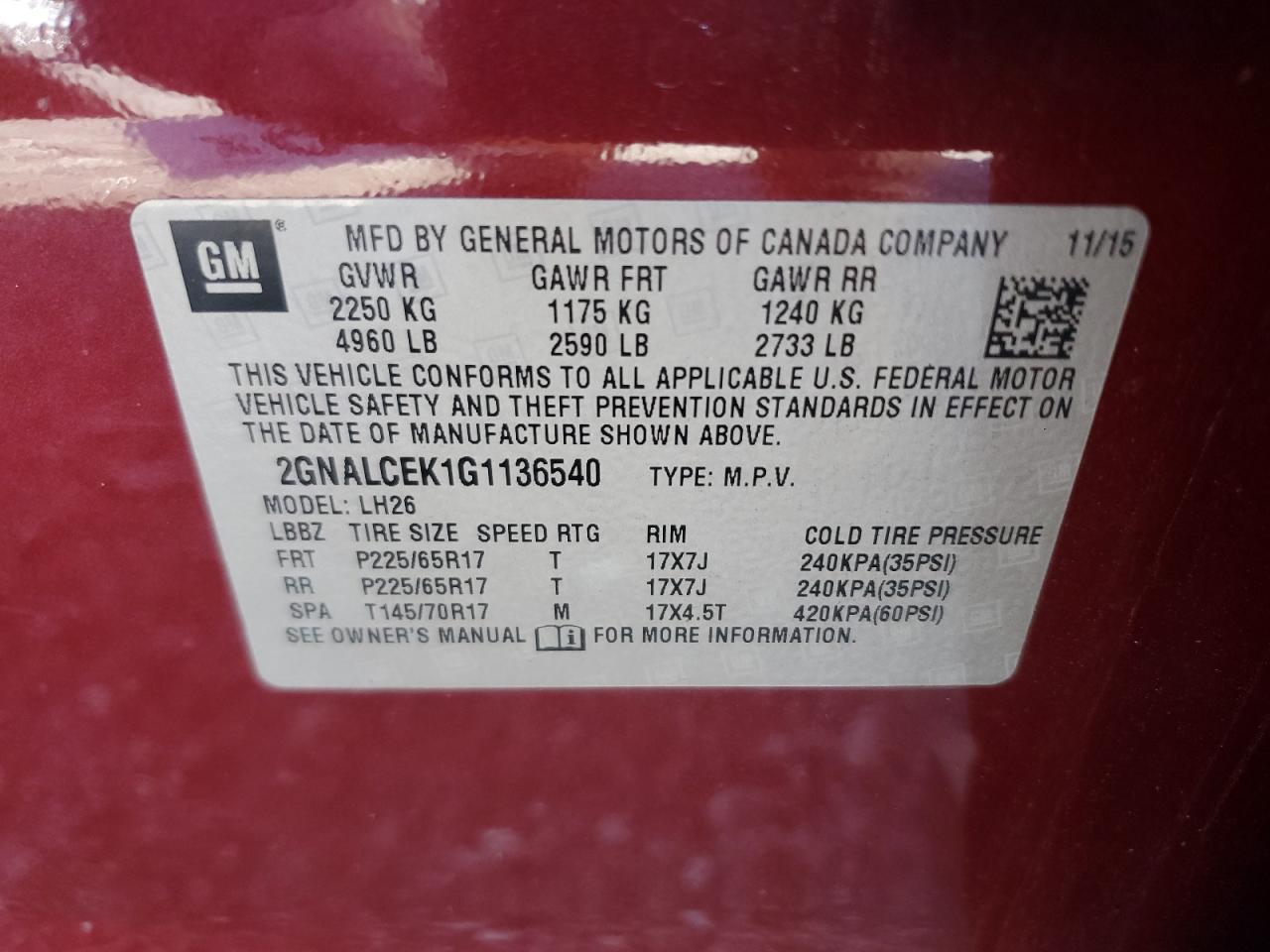 2016 Chevrolet Equinox Lt VIN: 2GNALCEK1G1136540 Lot: 84556315