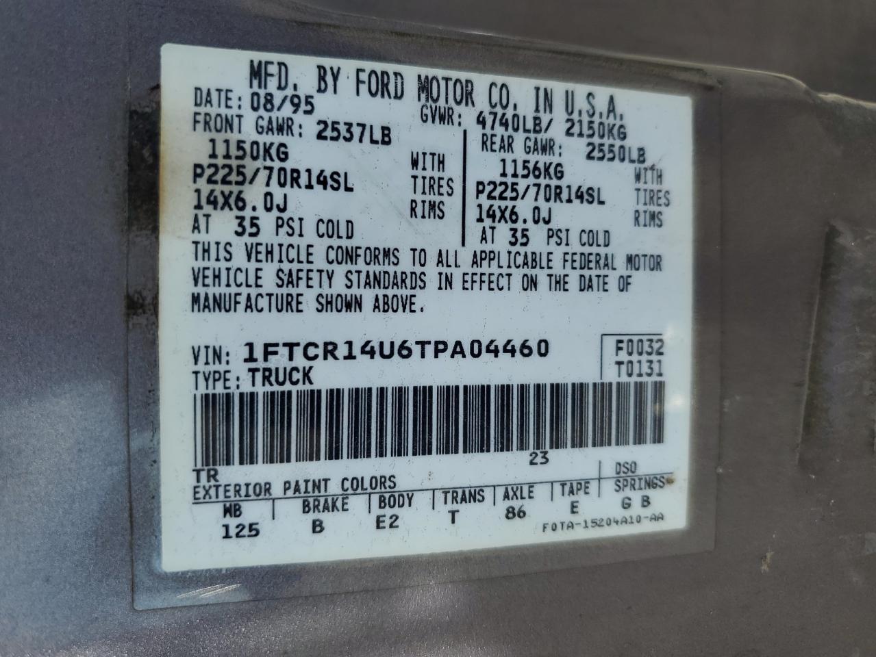 1996 Ford Ranger Super Cab VIN: 1FTCR14U6TPA04460 Lot: 85391215