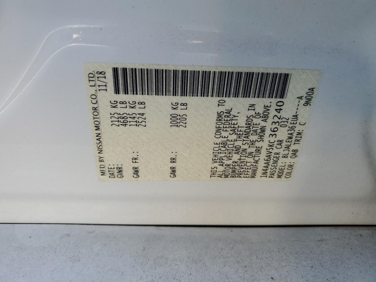 2019 Nissan Maxima S VIN: 1N4AA6AV5KC363240 Lot: 86891025