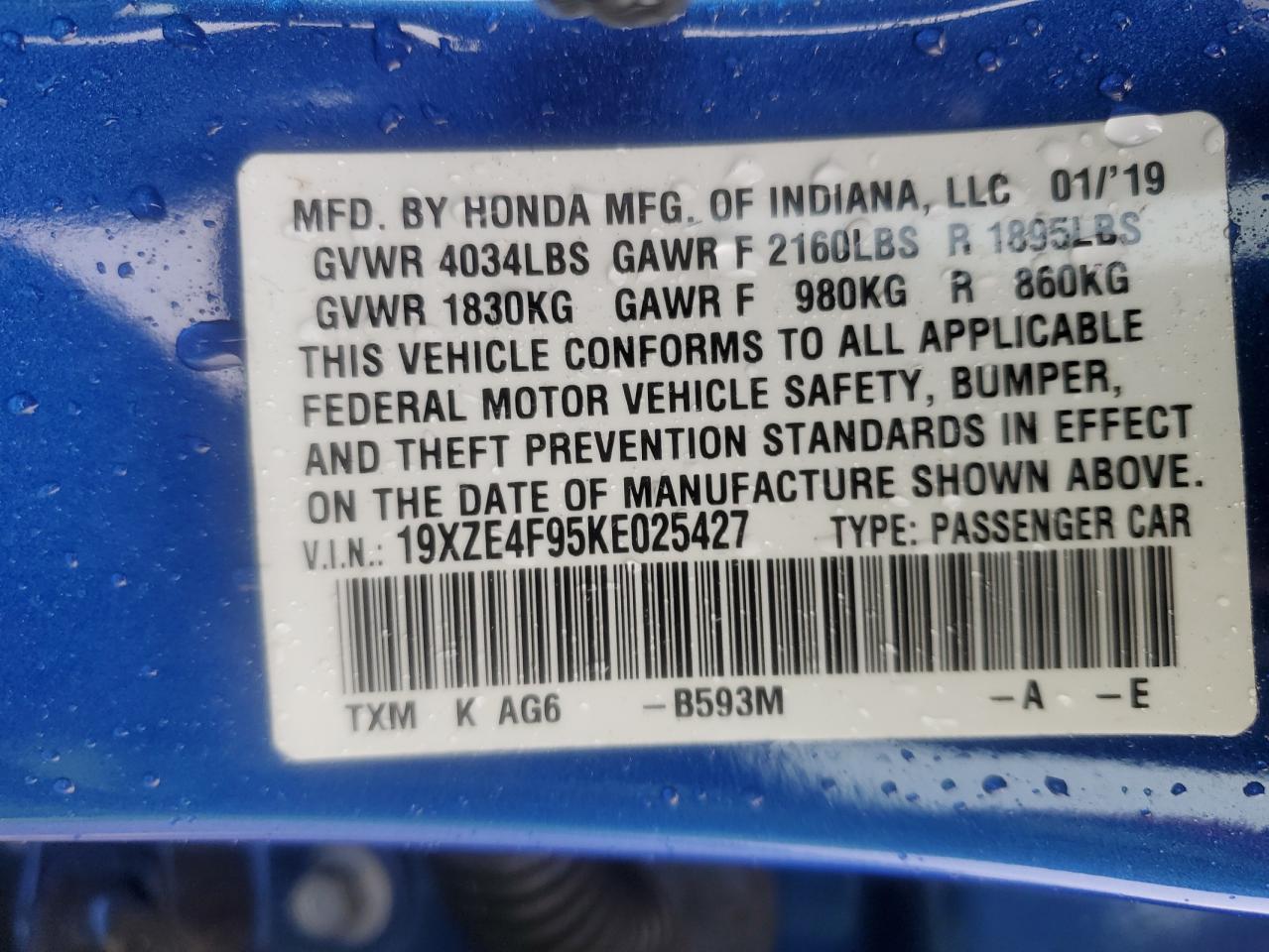 2019 Honda Insight Touring VIN: 19XZE4F95KE025427 Lot: 86312825