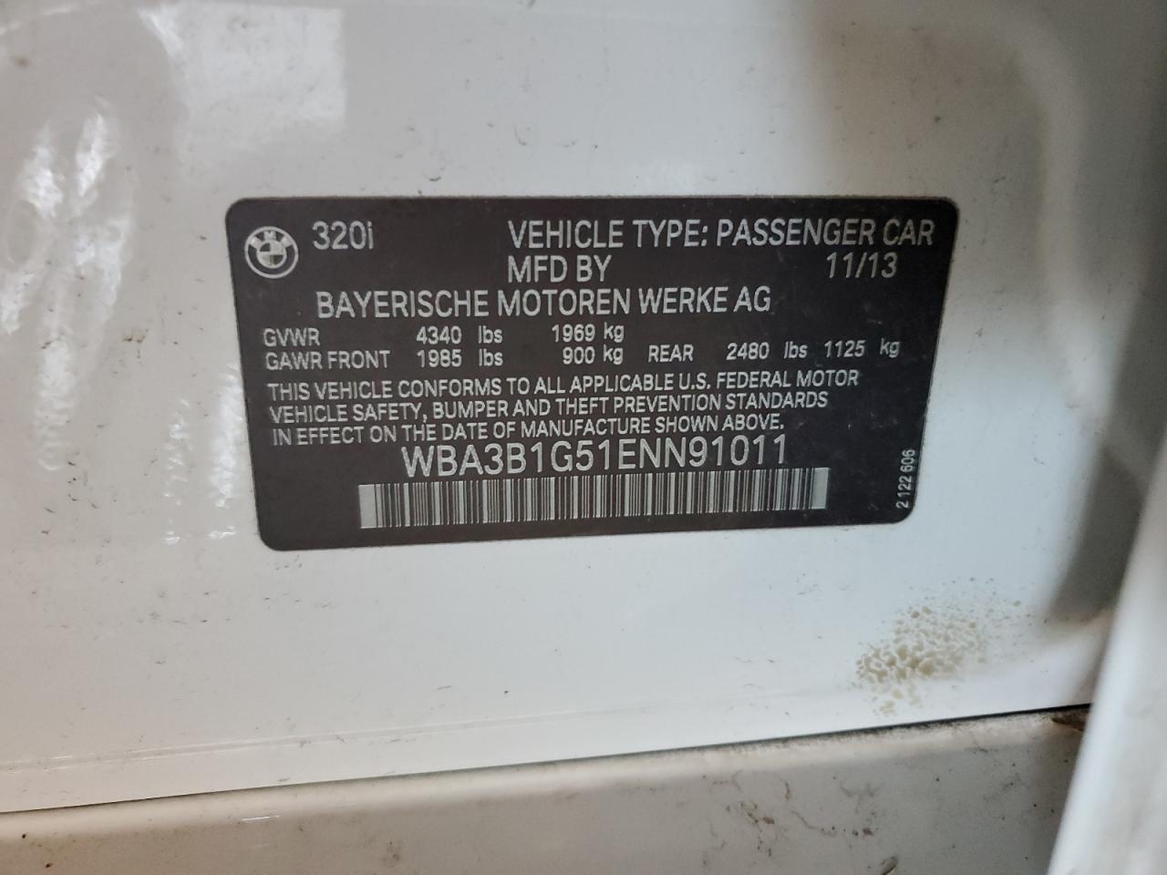 2014 BMW 320 I VIN: WBA3B1G51ENN91011 Lot: 82496095