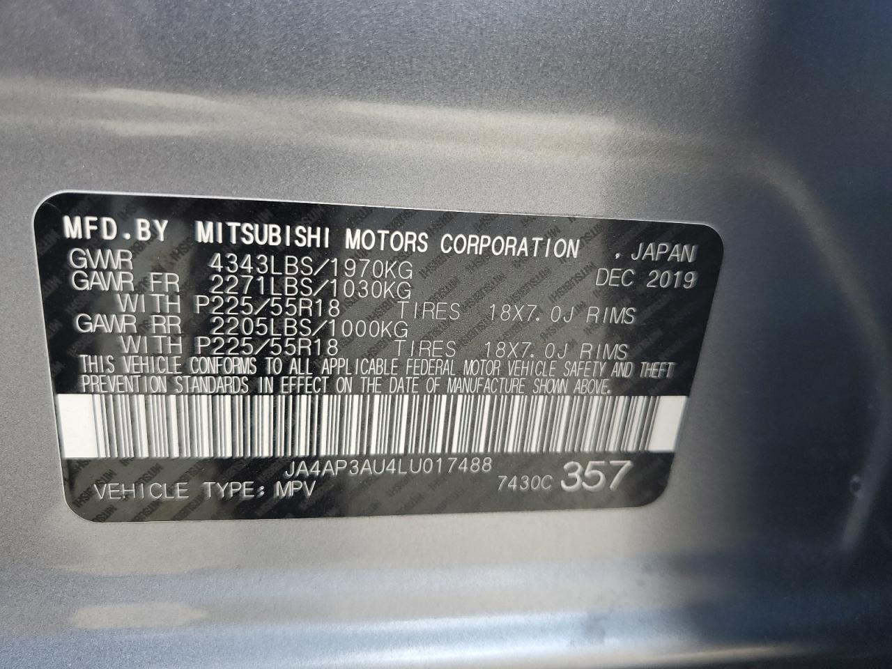 2020 Mitsubishi Outlander Sport Es VIN: JA4AP3AU4LU017488 Lot: 86712935