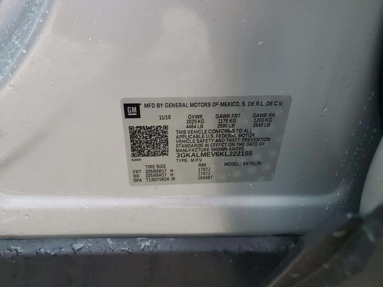 2019 GMC Terrain Sle VIN: 3GKALMEV6KL222155 Lot: 85912105