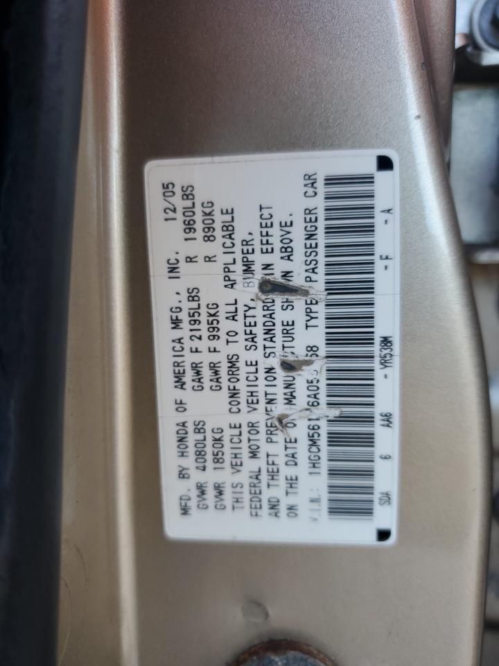 2006 Honda Accord Value VIN: 1HGCM56176A055158 Lot: 85191325