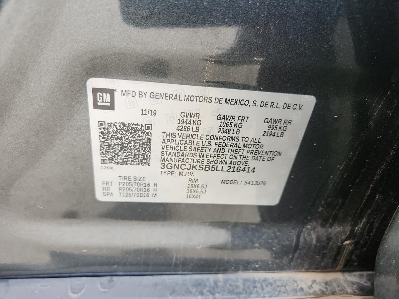 2020 Chevrolet Trax Ls VIN: 3GNCJKSB5LL216414 Lot: 85944055