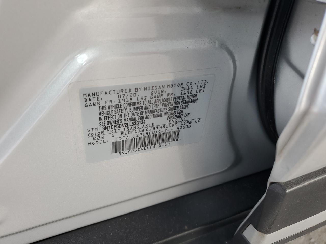 2020 Nissan Kicks Sr VIN: 3N1CP5DV2LL533134 Lot: 85518725